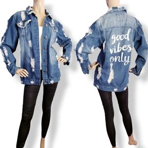 The Style Between Us Blue Distressed Denim "Good Vibes Only" Jacket Size L/XL